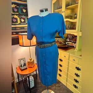 VTG 80s Neon Blue Rayon Button Down Dress Grandmacore Style